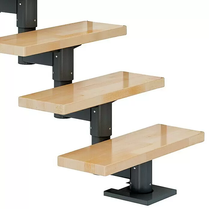 Dolle Mittelholmtreppe Cork - Breite: 75 cm, Anthrazitgrau, Gerade, Farbe Stufen: Buche Natur, Geschosshöhe: 278 cm - 337 cm, Einzelstabgeländer - Schwebende Modultreppenstufen aus hellem Holz mit dunkelgrauen Metallstützen.