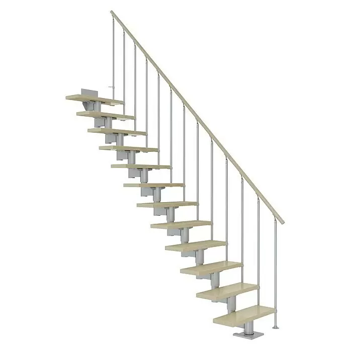 Dolle Mittelholmtreppe Cork - Breite: 75 cm, Perlgrau, Gerade, Farbe Stufen: Ahorn Natur, Geschosshöhe: 278 cm - 337 cm, Einzelstabgeländer - Moderne freitragende Treppe mit hellen Holzstufen, grauen Metallstäben und gebogenem Holzhandlauf.