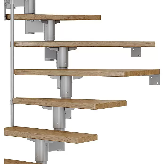 Dolle Mittelholmtreppe Cork - Breite: 75 cm, Perlgrau, 1/4-gewendelt, Farbe Stufen: Eiche Natur, Geschosshöhe: 259 cm - 315 cm, Einzelstabgeländer - Detailaufnahme