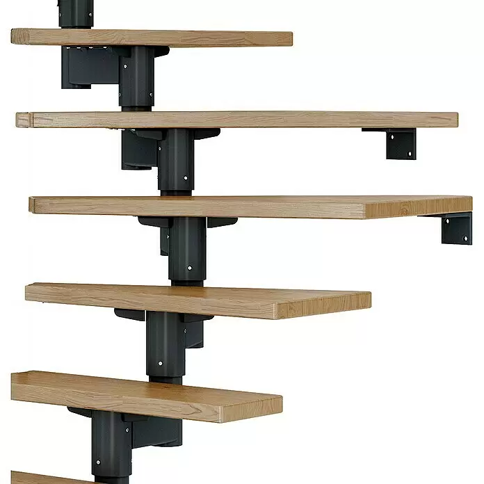 Dolle Mittelholmtreppe CorkBreite: 75 cm, Anthrazitgrau, 1/4-gewendelt, Farbe Stufen: Eiche Natur, Geschosshöhe: 278 cm - 337 cm, Edelstahlgeländer