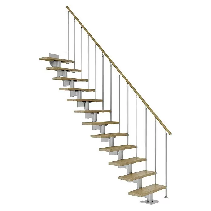 Dolle Mittelholmtreppe CorkBreite: 75 cm, Perlgrau, Gerade, Farbe Stufen: Eiche Natur, Geschosshöhe: 259 cm - 315 cm, Einzelstabgeländer