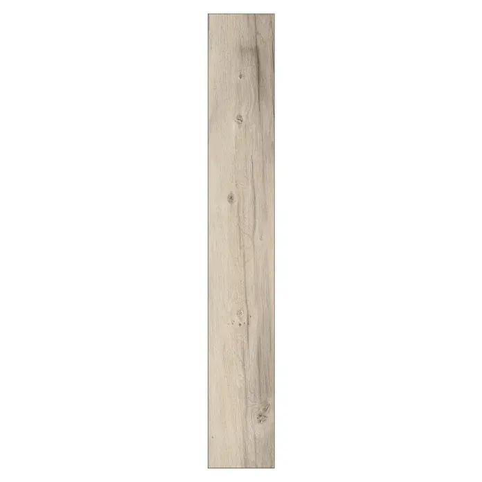LOGOCLIC Designboden Element Flex - Eiche Alexia, Landhausdiele, 1.288 x 239 x 7 mm - Das Bild zeigt eine einzelne Diele mit hellem Holzdekor und natürlichen Astlöchern, perfekt für stilvolle und moderne Bodenbeläge.