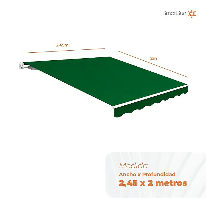 SmartSun Toldo de brazos extensibles Easy Lite - Verde bosque, Ancho: 2,5 m, Caída: 2 m - Imagen de un toldo verde SmartSun que mide 2,45 x 2 metros, proporcionando sombra ideal y protección contra el sol.