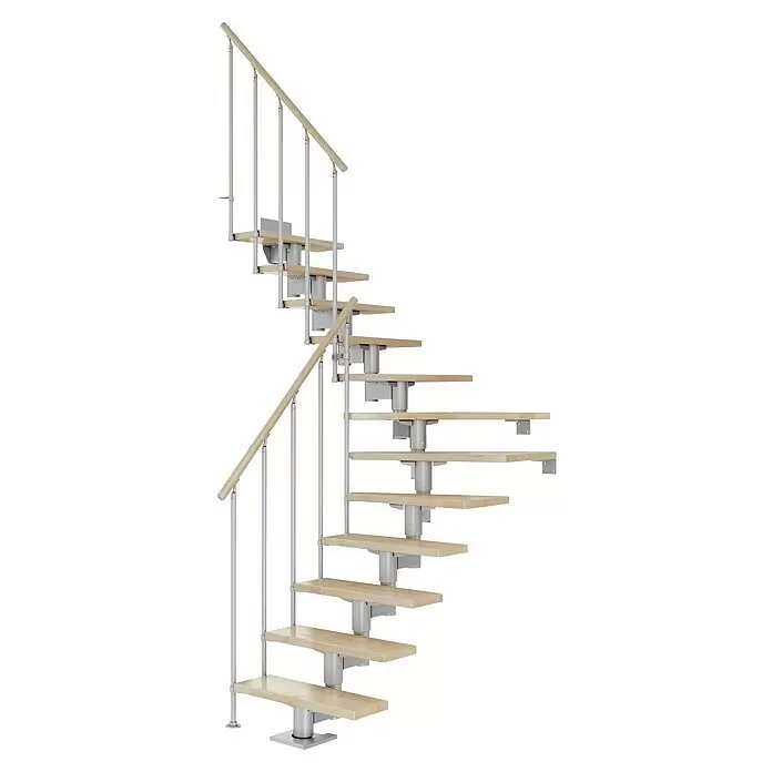 Dolle Mittelholmtreppe Cork - Breite: 75 cm, Perlgrau, 1/4-gewendelt, Farbe Stufen: Buche Natur, Geschosshöhe: 259 cm - 315 cm, Einzelstabgeländer - Moderne Wendeltreppe mit hellen Holzstufen, silbernen Metallstreben und Holzhandlauf, ideal für kleine Räume.