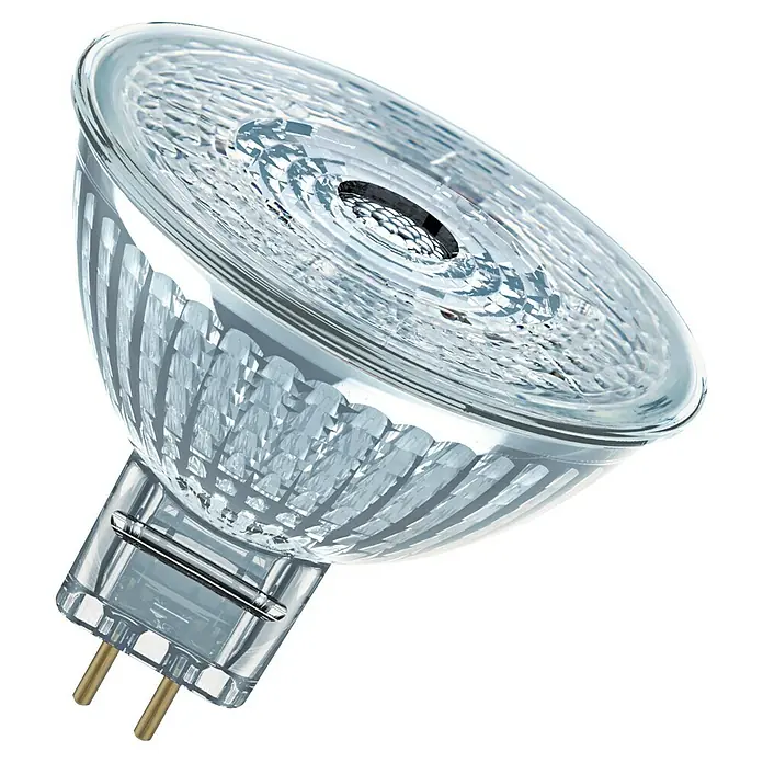 Osram LED-Lampe Pin G4 MR16 - GU5,3, Dimmbar, Kaltweiß, 350 lm, 5,3 W - Nahaufnahme einer MR16 Halogenlampe mit klarem Glas und Stiftsockel, ideal für Akzentbeleuchtung.