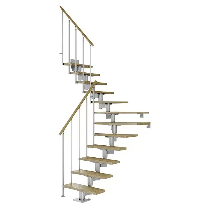 Dolle Mittelholmtreppe Cork - Breite: 75 cm, Perlgrau, 1/4-gewendelt, Farbe Stufen: Eiche Natur, Geschosshöhe: 259 cm - 315 cm, Einzelstabgeländer - Diagonale Ansicht