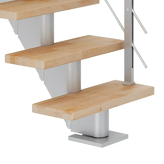 Dolle Mittelholmtreppe Frankfurt - Breite: 75 cm, Gerade, Perlgrau, Farbe Stufen: Buche Natur, Geschosshöhe: 222 cm - 258 cm - Holztreppe mit hellen Stufen und metallenen Halterungen für moderne Innenräume.
