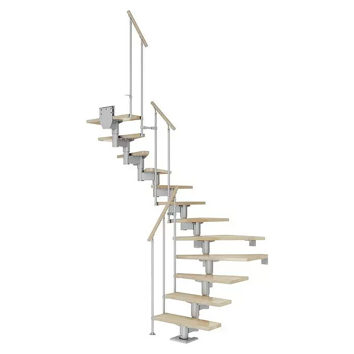 Dolle Mittelholmtreppe CorkBreite: 75 cm, Perlgrau, 1/2-gewendelt, Farbe Stufen: Buche Natur, Geschosshöhe: 278 cm - 337 cm, Einzelstabgeländer