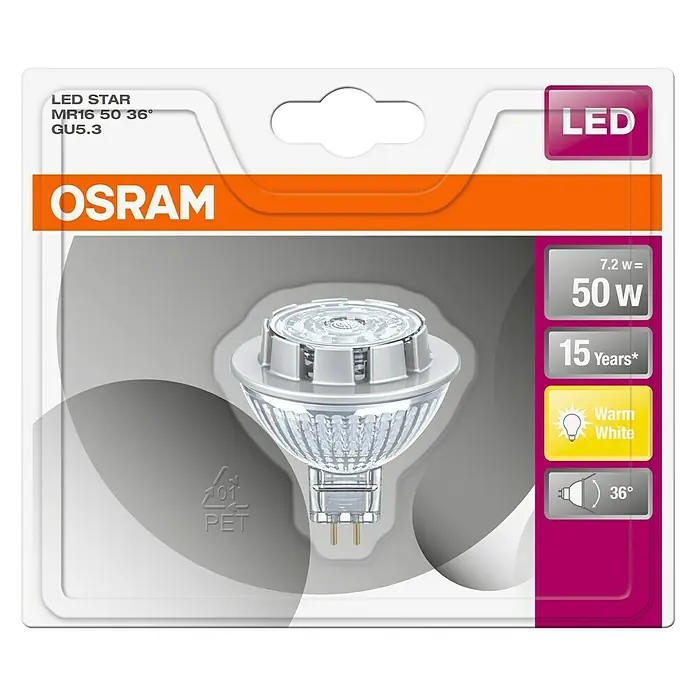 Osram Bombilla LED Star MR16 - GU5,3, No regulable, Blanco cálido, 621 lm, 6,5 W - Se muestra una bombilla OSRAM LED STAR MR16 50 36° GU5.3, que ofrece luz LED energéticamente eficiente con una larga vida útil.