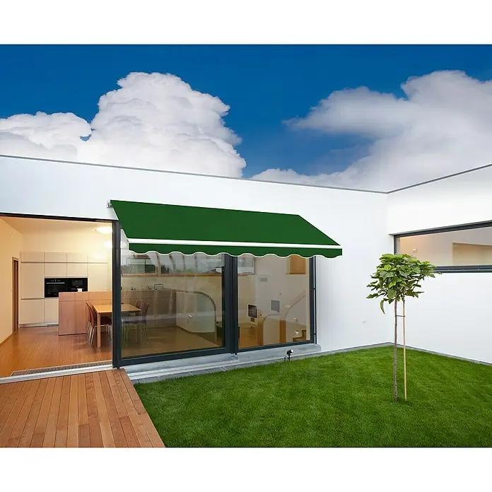SmartSun Toldo de brazos extensibles Easy Lite - Verde bosque, Ancho: 2,5 m, Caída: 2 m - La imagen muestra un toldo verde, elegantemente montado en la fachada de la casa, que proporciona sombra.