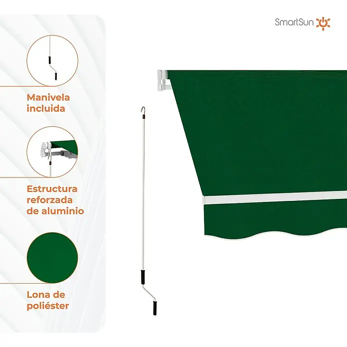 SmartSun Toldo de brazos extensibles Easy Lite - Verde bosque, Ancho: 2,5 m, Caída: 2 m - Imagen de un toldo SmartSun con estructura de aluminio, lona de poliéster y manivela para fácil manejo.