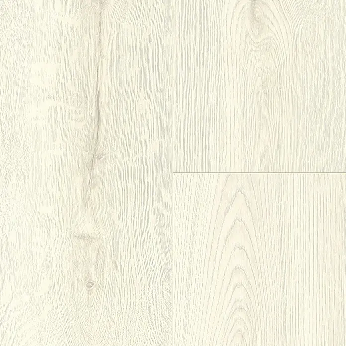 LOGOCLIC Designboden Element Flex - Eiche Almeria, Landhausdiele, 1.288 x 239 x 7 mm - Nahaufnahme von hellem Holzlaminatboden mit Maserung. Das Laminat hat eine weißliche Farbe und eine natürliche Holzstruktur.