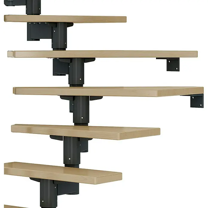 Dolle Mittelholmtreppe CorkBreite: 75 cm, Anthrazitgrau, 1/2-gewendelt, Farbe Stufen: Ahorn Natur, Geschosshöhe: 278 cm - 337 cm, Edelstahlgeländer - Abgebildete Treppe mit Holzstufen und schwarzer Stahlkonstruktion, minimalistisches Design, ideal für moderne Innenräume.