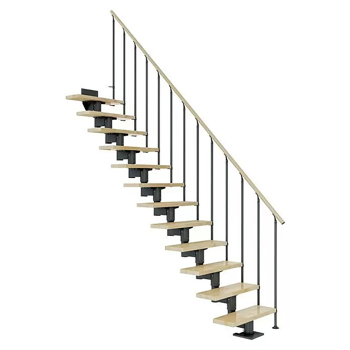 Dolle Mittelholmtreppe Cork - Breite: 75 cm, Anthrazitgrau, Gerade, Farbe Stufen: Buche Natur, Geschosshöhe: 278 cm - 337 cm, Einzelstabgeländer - Moderne gerade Treppe mit hellen Holzstufen, dunklem Metallgestell und passendem Holzgeländer.