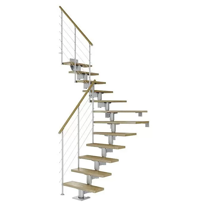 Dolle Mittelholmtreppe Cork - Breite: 75 cm, Perlgrau, 1/4-gewendelt, Farbe Stufen: Eiche Natur, Geschosshöhe: 259 cm - 315 cm, Edelstahlgeländer - Moderne freitragende Treppe mit hellen Holzstufen, silbernen Metallstützen und einem Holzhandlauf.