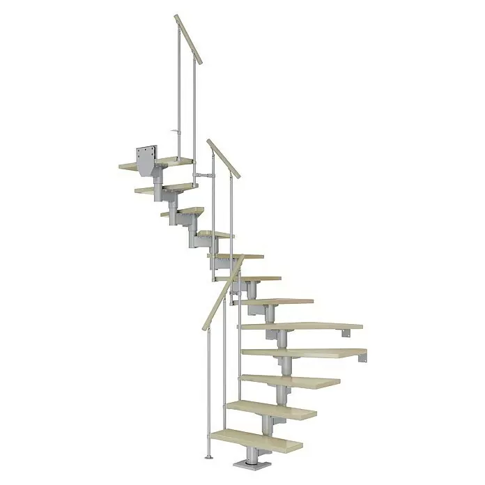 Dolle Mittelholmtreppe Cork - Breite: 75 cm, Perlgrau, 1/2-gewendelt, Farbe Stufen: Ahorn Natur, Geschosshöhe: 259 cm - 315 cm, Einzelstabgeländer - Modulare Wendeltreppe mit hellen Holzstufen und silbernem Metallrahmen und Geländer.