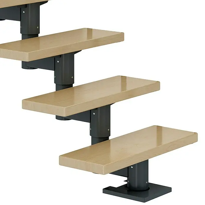 Dolle Mittelholmtreppe CorkBreite: 75 cm, Anthrazitgrau, Gerade, Farbe Stufen: Ahorn Natur, Geschosshöhe: 278 cm - 337 cm, Edelstahlgeländer - Modernes Treppendesign mit hellen Holzstufen und dunklen Metallstützen.
