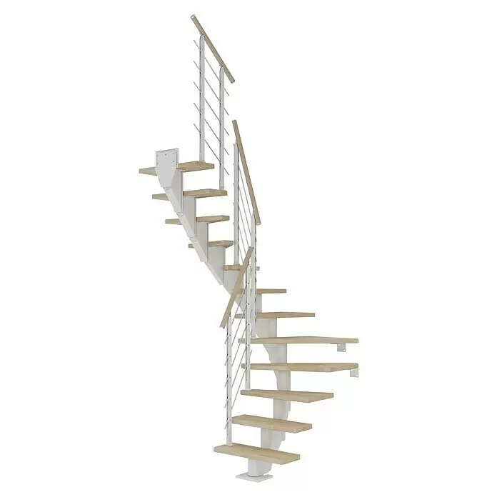 Dolle Mittelholmtreppe FrankfurtBreite: 75 cm, 1/2-gewendelt, Verkehrsweiß, Farbe Stufen: Buche Natur, Geschosshöhe: 222 cm - 258 cm
