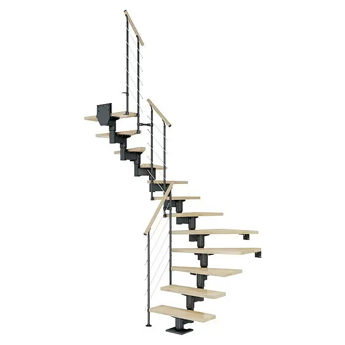 Dolle Mittelholmtreppe Cork - Breite: 75 cm, Anthrazitgrau, 1/2-gewendelt, Farbe Stufen: Buche Natur, Geschosshöhe: 259 cm - 315 cm, Edelstahlgeländer - Moderne Raumspartreppe mit hellen Holzstufen, dunklem Metallrahmen und Seilgeländer.