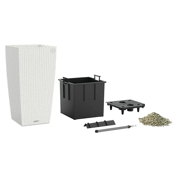 Lechuza Cottage Pflanzsäule eckig Cubico 40 - Außenmaß (L x B x H): 39,5 x 39,5 x 75,5 cm, Kunststoff, Weiß - Produktabbildung eines Lechuza Pflanzgefäßes mit Zubehör, das eine einfache Bepflanzung und Bewässerung ermöglicht.