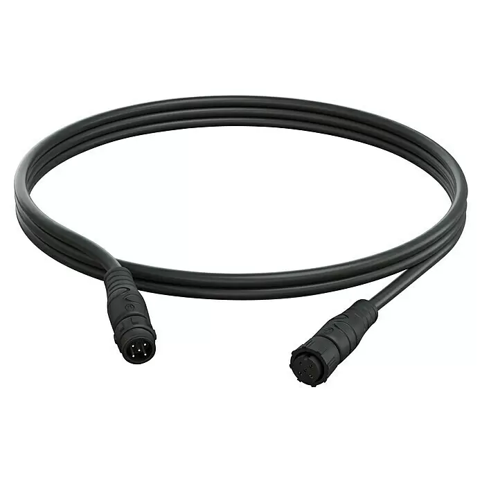Innr Lighting Verlängerungskabel für 5-poligen Anschluss - 2 m, IP67 - Schwarzes Spiralkabel mit runden Steckern an beiden Enden, einem männlichen und einem weiblichen.