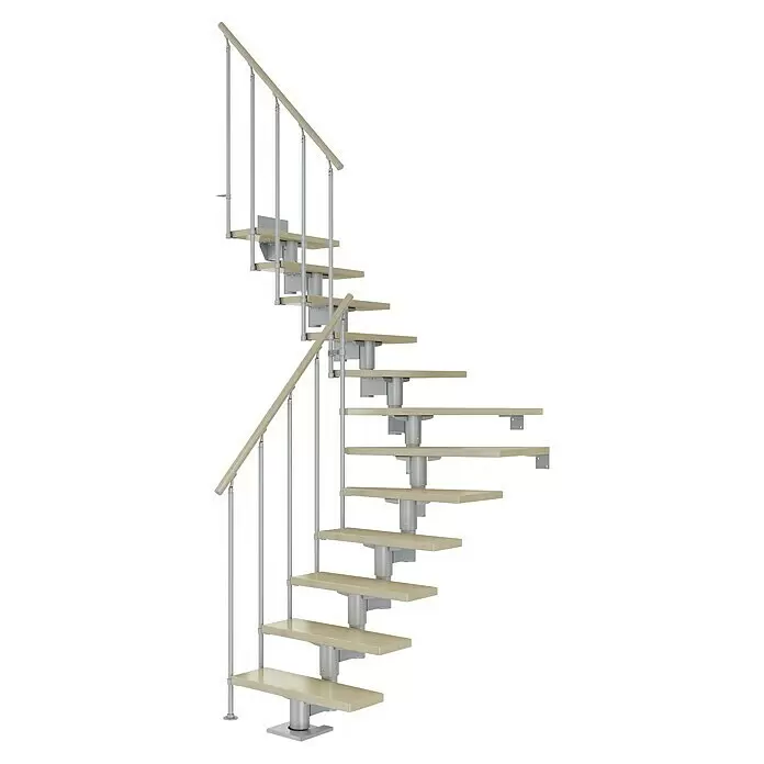 Dolle Mittelholmtreppe Cork - Breite: 75 cm, Perlgrau, 1/4-gewendelt, Farbe Stufen: Ahorn Natur, Geschosshöhe: 259 cm - 315 cm, Einzelstabgeländer - Moderne Wendeltreppe mit hellen Holzstufen, silbernen Metallstützen und Handlauf.
