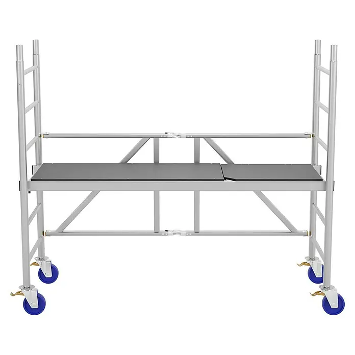 Krause ProTec XS Klappgerüst - Arbeitshöhe: 2,9 m, Belastbarkeit Plattform: 240 kg - Fahrbares Baugerüst aus Aluminium mit blauen Rädern und einer grauen Arbeitsplattform für den flexiblen Einsatz auf Baustellen.