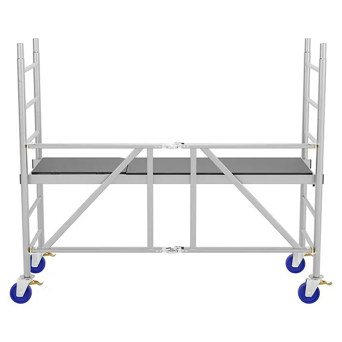 Krause ProTec XS KlappgerüstArbeitshöhe: 2,9 m, Bühnengröße: 2 x 0,6 m, Belastbarkeit: 200 kg/m² - Aluminium-Rollgerüst mit blauen Rädern für sichere und flexible Arbeiten in der Höhe. Ideal für Baustellen und Renovierungen.