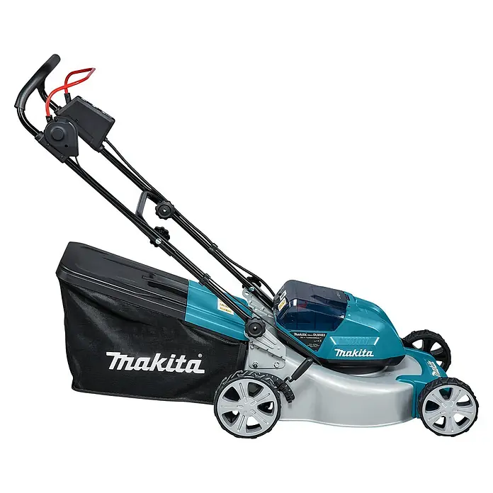 Makita LXT 18V Akku-Rasenmäher DLM463PG4 - 36 V, 4 Akkus, 6 Ah, Schnittbreite: 46 cm - Ein akkubetriebener Rasenmäher von Makita, ideal für jeden Garten. Er ist robust und leicht zu bedienen und liefert präzise Schnittergebnisse.