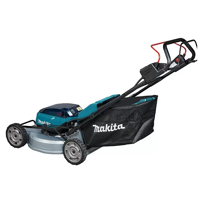 Makita LXT 18V Akku-Rasenmäher DLM537Z - 36 V, Ohne Akku, Schnittbreite: 53 cm - Türkis-schwarzer Makita Akku-Rasenmäher mit Grasfangkorb und verstellbarem Griff.