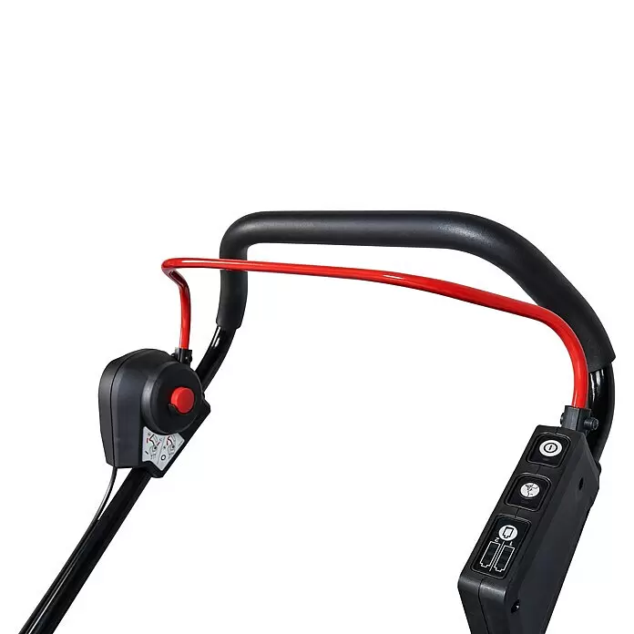 Makita LXT 18V Akku-Rasenmäher DLM463PG4 - 36 V, 4 Akkus, 6 Ah, Schnittbreite: 46 cm - Schwarzer Lenker mit rotem Sicherheitsbügel und integriertem Bedienfeld für Strom und Akkustand.