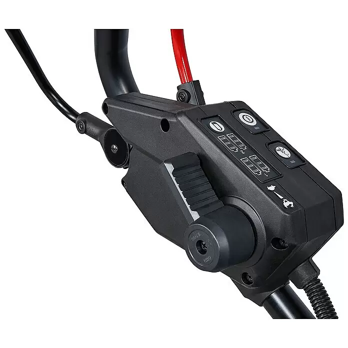 Makita LXT 18V Akku-Rasenmäher DLM537Z - 36 V, Ohne Akku, Schnittbreite: 53 cm - Schwarzes Kunststoff-Bedienfeld mit Power-Taste, Akkuanzeigen, Klingensteuerung und einem Geschwindigkeitshebel für Gartengeräte.