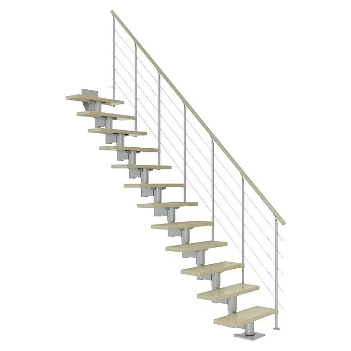 Dolle Mittelholmtreppe Cork - Breite: 75 cm, Perlgrau, Gerade, Farbe Stufen: Ahorn Natur, Geschosshöhe: 278 cm - 337 cm, Edelstahlgeländer - Moderne freitragende Treppe mit hellen Holzstufen, grauen Metallstützen und passendem Handlauf mit dünnen Metallstäben.