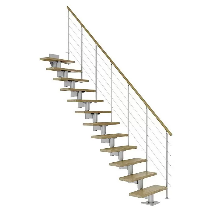 Dolle Mittelholmtreppe Cork - Breite: 75 cm, Perlgrau, Gerade, Farbe Stufen: Eiche Natur, Geschosshöhe: 259 cm - 315 cm, Edelstahlgeländer - Diagonale Ansicht