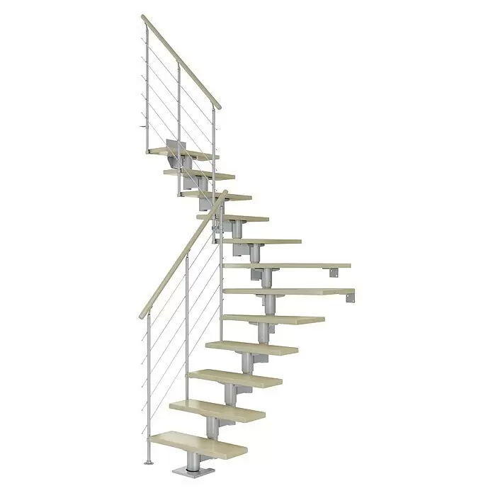 Dolle Mittelholmtreppe Cork - Breite: 75 cm, Perlgrau, 1/4-gewendelt, Farbe Stufen: Ahorn Natur, Geschosshöhe: 259 cm - 315 cm, Edelstahlgeländer - Moderne Modultreppe mit hellen Holzstufen und silbernem Metallgeländer sowie Mittelstütze.