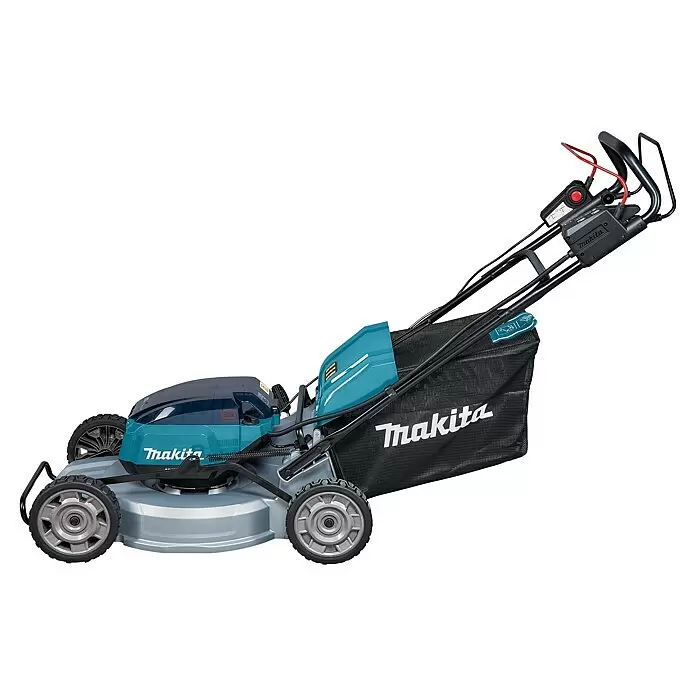 Makita LXT 18V Akku-Rasenmäher DLM537Z - 36 V, Ohne Akku, Schnittbreite: 53 cm - Türkis-schwarzer Makita Akku-Rasenmäher mit grauem Deck und schwarzem Grasfangkorb, seitlich dargestellt.