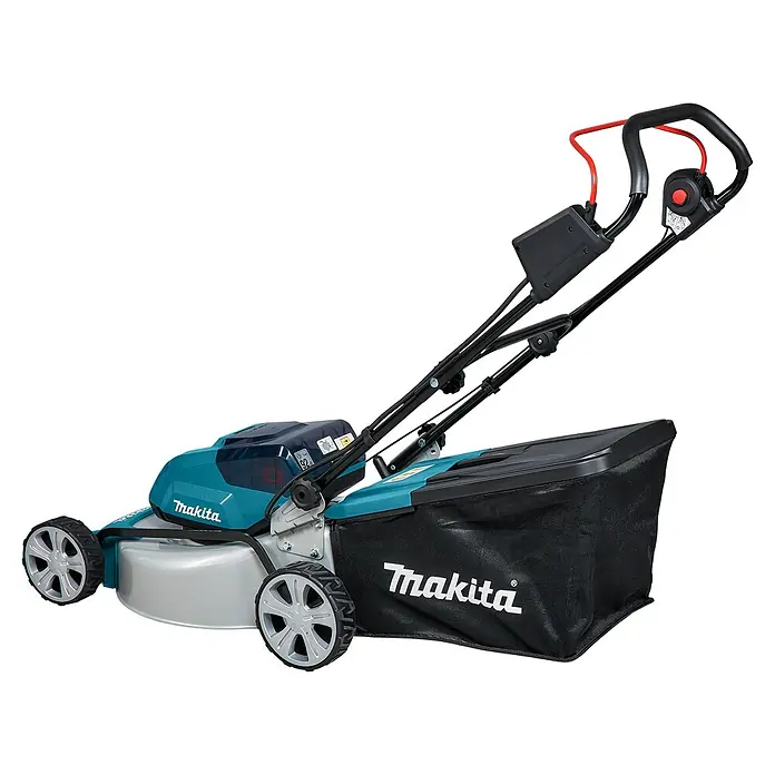 Makita LXT 18V Akku-Rasenmäher DLM463PG4 - 36 V, 4 Akkus, 6 Ah, Schnittbreite: 46 cm - Makita Akku-Rasenmäher mit Grasfangkorb für effizientes und kabelloses Rasenmähen. Der Rasenmäher ist leicht und einfach zu bedienen.