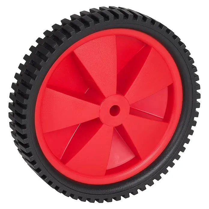 Dörner & Helmer Leichtes Rad - Durchmesser: 175 mm, Traglast: 35 kg, Gleitlager, Stollenprofil - Rotes Rad mit schwarzem Reifen. Das Rad hat sechs Speichen und ein Loch in der Mitte.