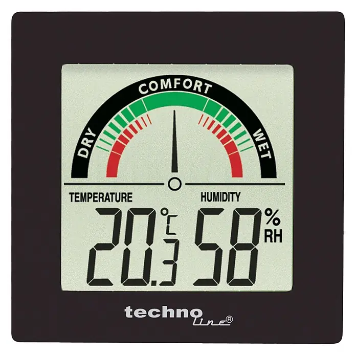 Thermo-Hygrometer -  - Das Bild zeigt ein digitales Thermometer mit einer Anzeige von 20.3°C und 58% relativer Luftfeuchtigkeit in einem eleganten Rahmen.