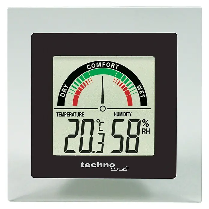 Thermo-Hygrometer - Digital, Breite: 88 mm - Das Bild zeigt ein digitales Thermometer mit einer Anzeige von 20.3°C und 58% relativer Luftfeuchtigkeit in einem eleganten Rahmen.