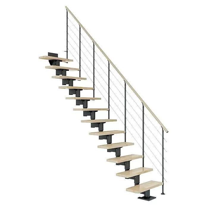 Dolle Mittelholmtreppe Cork - Breite: 75 cm, Anthrazitgrau, Gerade, Farbe Stufen: Buche Natur, Geschosshöhe: 278 cm - 337 cm, Edelstahlgeländer - Moderne offene Treppe mit hellen Holzstufen, dunklen Metallstützen und Holzhandlauf mit Seilgeländer.