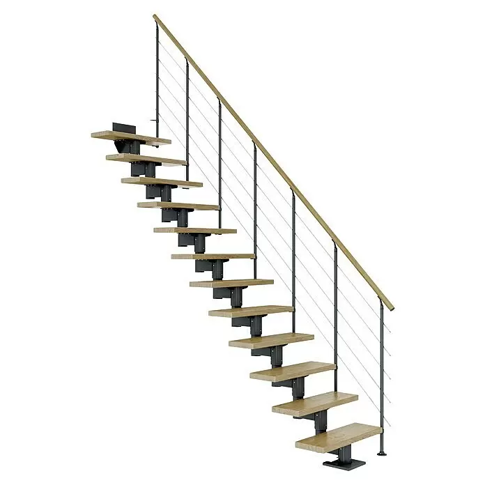 Dolle Mittelholmtreppe Cork - Breite: 75 cm, Anthrazitgrau, Gerade, Farbe Stufen: Eiche Natur, Geschosshöhe: 278 cm - 337 cm, Edelstahlgeländer - Moderne freitragende Treppe mit hellen Holzstufen, dunklem Metallträger und passendem Holzgeländer mit Seilfüllung.