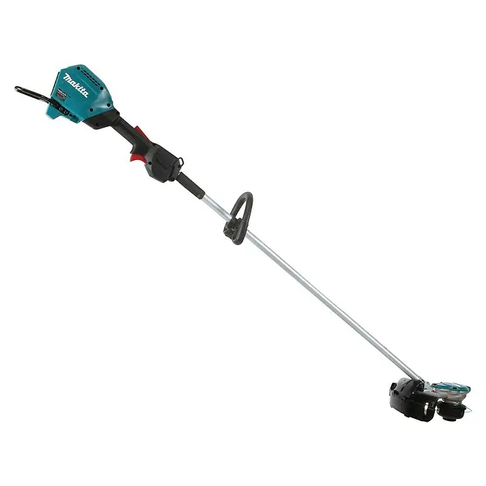 Makita XGT 40V max. Akku-Freischneider UR003GZ01 - 40 V, Ohne Akku, Schnittbreite Faden: 35 cm, Schnittbreite Messer: 23 cm - Das Bild zeigt einen Makita Akku-Rasentrimmer, ein Werkzeug für die Gartenpflege, vor einem schwarzen Hintergrund.