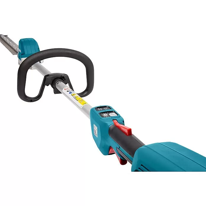 Makita LXT 18V Akku-Heckenschere DUN600LZ - 18 V, Li-Ionen, Ohne Akku - Türkiser und schwarzer Akku-Heckenschneider mit D-Griff, digitalen Bedienelementen und rotem Auslöser.