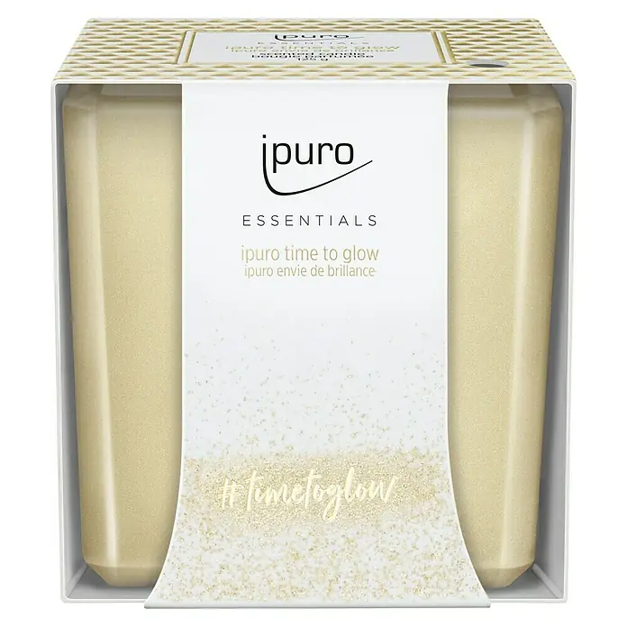 Ipuro Essentials Duftkerze - Im Glas, Time to Glow - Nahaufnahme der Ipuro Time To Glow Duftkerze in eleganter Verpackung mit goldenem Glanz, ein Highlight für jeden Raum.
