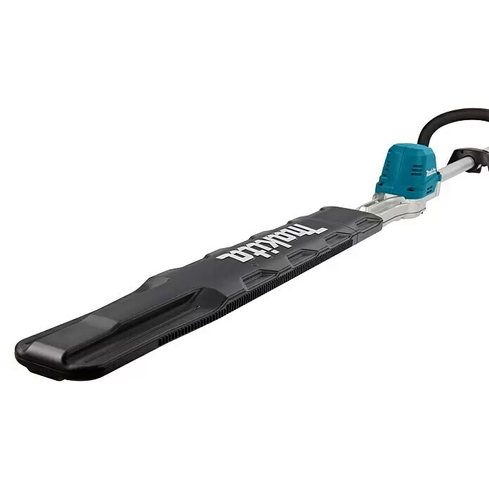 Makita LXT 18V Akku-Heckenschere DUN600LZ - 18 V, Li-Ionen, Ohne Akku - Makita Heckenscherenaufsatz, schwarzer Klingenschutz mit Logo, türkisfarbenes und silbernes Motorgehäuse.