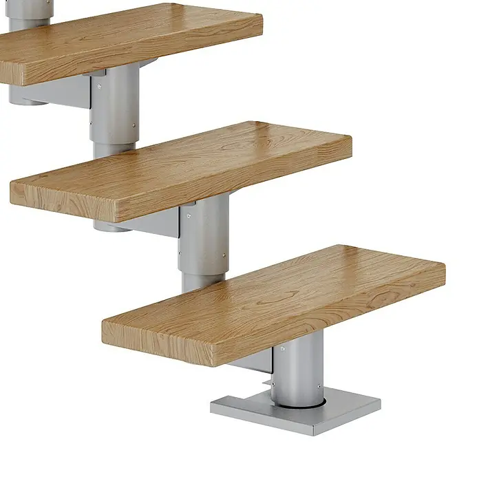 Dolle Mittelholmtreppe Cork - Breite: 75 cm, Perlgrau, Gerade, Farbe Stufen: Eiche Natur, Geschosshöhe: 259 cm - 315 cm, Edelstahlgeländer - Elegante Treppenstufen aus Holz mit modernem Metallgeländer. Ideal für stilvolle Innenräume.
