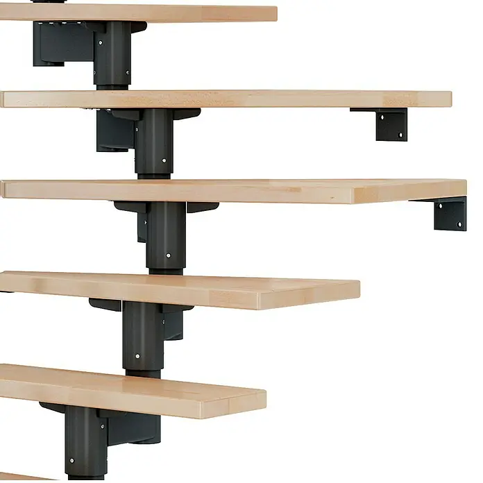 Dolle Mittelholmtreppe CorkBreite: 75 cm, Anthrazitgrau, 1/2-gewendelt, Farbe Stufen: Buche Natur, Geschosshöhe: 259 cm - 315 cm, Einzelstabgeländer - Nahaufnahme einer Treppe mit hellem Holzstufen und dunkelgrauen Metallstützen, die ein modernes und minimalistisches Design zeigen.