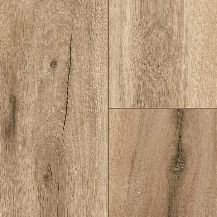 LOGOCLIC Designboden Element Flex - Eiche Baltia, Landhausdiele, 1.288 x 239 x 7 mm - Detailansicht von drei Holzfurnierplatten mit unterschiedlichen Maserungen und Texturen für Möbelbau oder Innenarchitektur.