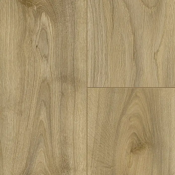 LOGOCLIC Designbodenmuster Element Flex Eiche Amara - 297 x 239 x 7 mm, Landhausdiele - Nahaufnahme von Laminatboden mit natürlicher Holzstruktur und warmen Farbtönen. Perfekt für gemütliche Innenräume mit rustikalem Flair.
